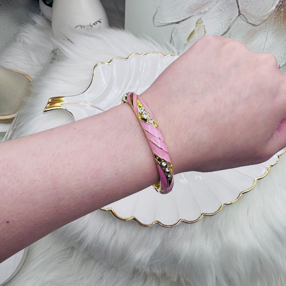 Pink Enamel Cloisonne Bracelet Bangle w/ Rhinestones - Picture 5 of 9